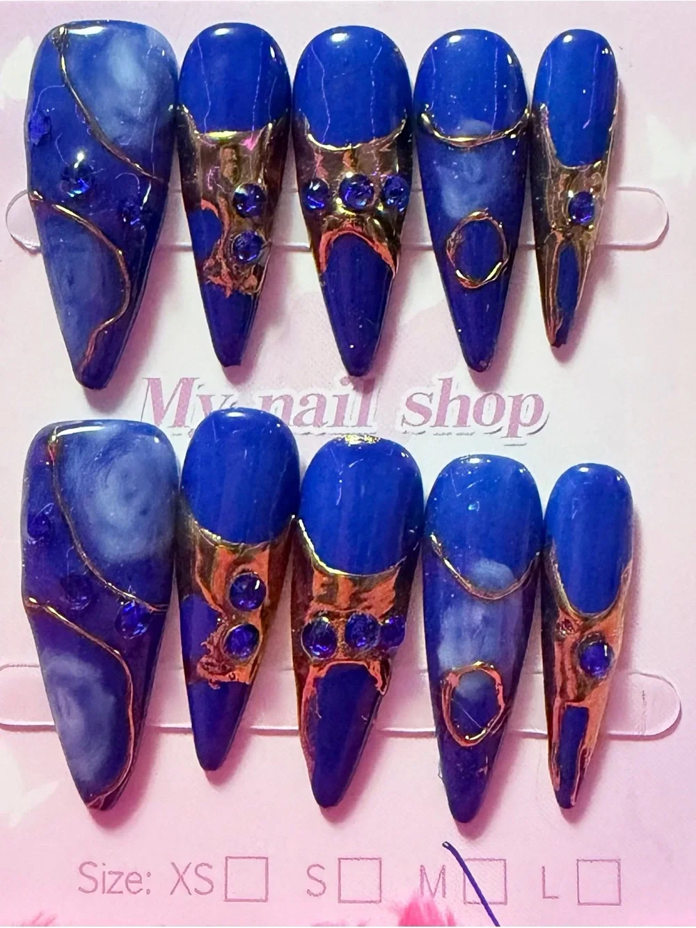 Handmade Long Stiletto Press-On Nails - Royal Blue Marble with Gold Accents